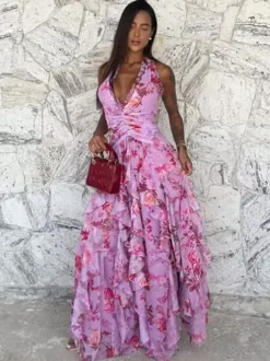 Vacation Dresses Maxi Backless Lace Up Pleated Sleeveless Floral Print V-Neck Sweet Light Gray Dress