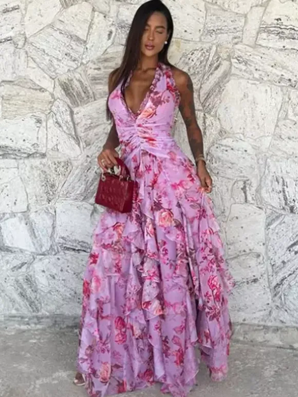 Vacation Dresses Maxi Backless Lace Up Pleated Sleeveless Floral Print V-Neck Sweet Light Gray Dress