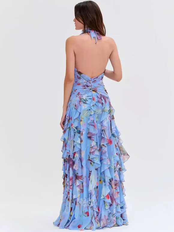 Vacation Dresses Maxi Backless Lace Up Pleated Sleeveless Floral Print V-Neck Sweet Light Gray Dress