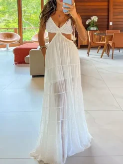 Vacation Dresses Maxi Backless Sleeveless V-Neck Sexy White Long Dress