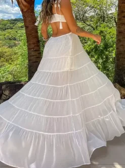 Vacation Dresses Maxi Backless Sleeveless V-Neck Sexy White Long Dress