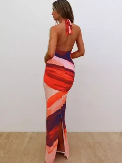 Vacation Dresses Maxi Backless Sleeveless Lace-up U-Neck Chic Orange Dress