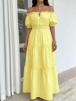 Vacation Dresses Maxi Backless Ruffles Lace Up Short Sleeves Off-The-Shoulder Puff Sleeves Sexy Dress