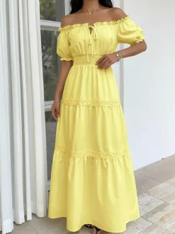 Vacation Dresses Maxi Backless Ruffles Lace Up Short Sleeves Off-The-Shoulder Puff Sleeves Sexy Dress