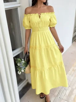 Vacation Dresses Maxi Backless Ruffles Lace Up Short Sleeves Off-The-Shoulder Puff Sleeves Sexy Dress