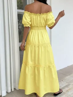 Vacation Dresses Maxi Backless Ruffles Lace Up Short Sleeves Off-The-Shoulder Puff Sleeves Sexy Dress