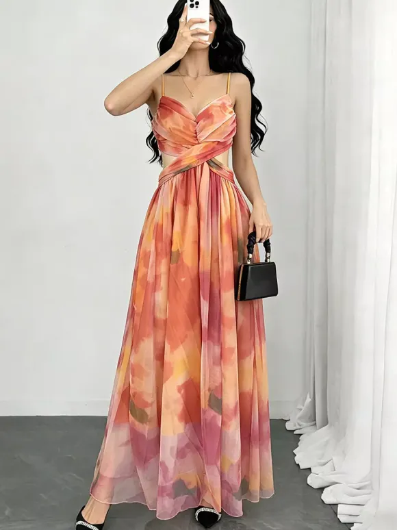 Vacation Dresses Maxi Cross Front Sleeveless Floral Print Straps Neck Chic Orange Dress