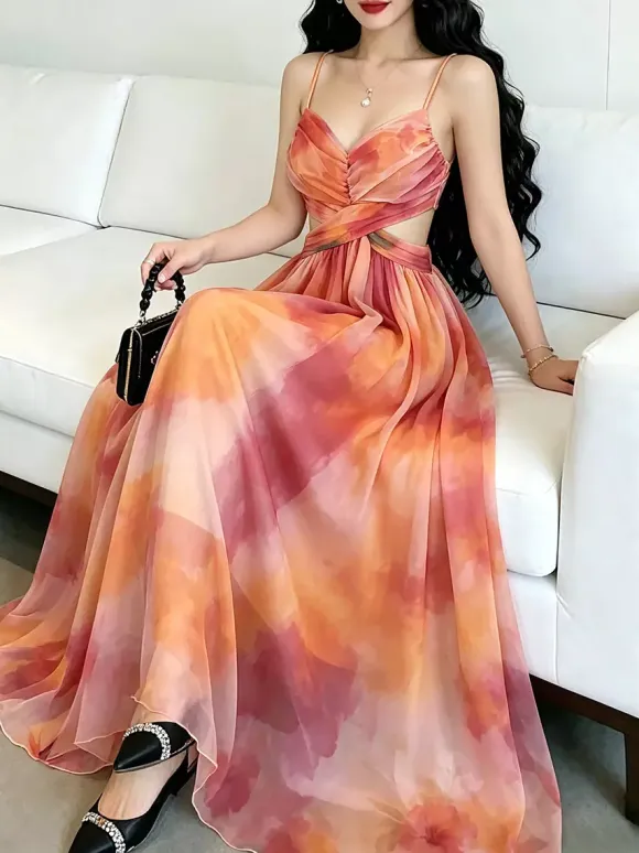 Vacation Dresses Maxi Cross Front Sleeveless Floral Print Straps Neck Chic Orange Dress