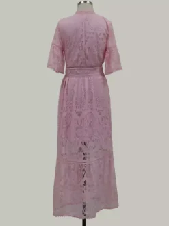 Vacation Dresses Maxi Shaping Lace Half Sleeves V-Neck Flared Sleeves Elegant Pink Dress