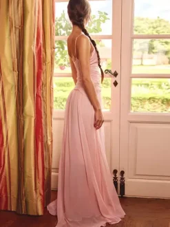 Vacation Dresses Maxi Sheer Sleeveless V-Neck Elegant Pink Summer Dress