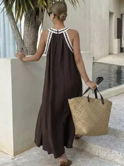 Vacation Dresses Maxi Sleeveless Strapless Retro Brown Summer Dresses