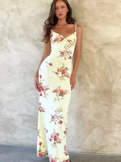 Vacation Dresses Maxi Sleeveless Floral Print Straps Neck Chic Apricot Dress