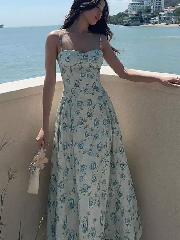 Vacation Dresses Maxi Sleeveless Floral Print Straps Neck Chic Green Dress