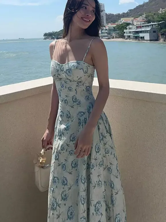 Vacation Dresses Maxi Sleeveless Floral Print Straps Neck Chic Green Dress
