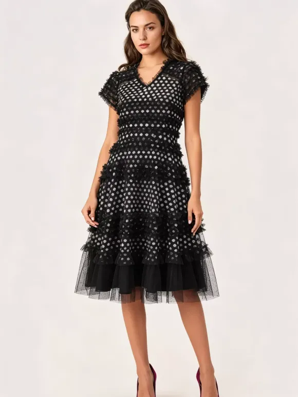 Vacation Dresses Midi Pleated Short Sleeves V-Neck Chic Black Dress