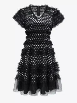 Vacation Dresses Midi Pleated Short Sleeves V-Neck Chic Black Dress