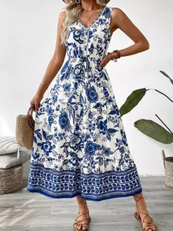 Vacation Dresses Midi Sleeveless Strapless V-Neck Chic Deep Blue Summer Dress
