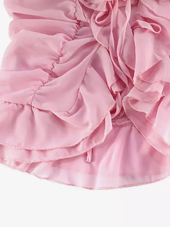 Vacation Dresses Mini Backless Ruffles Long Sleeves Off-The-Shoulder Chic Pink Dresses
