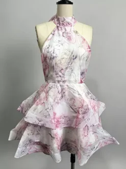 Vacation Dresses Mini Backless Flowers Ruffles Sleeveless Floral Print Halter Elegant Pink Dress