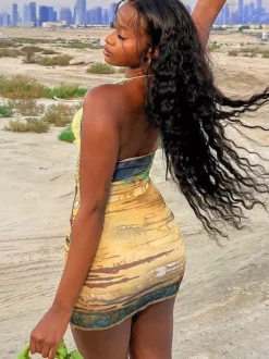 Vacation Dresses Mini Crochet Sleeveless Halter Sexy Yellow Dress