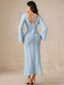Vacation Dresses Shaping Cut Out Long Sleeves Scoop Neck Flared Sleeves Sexy Apricot Dress
