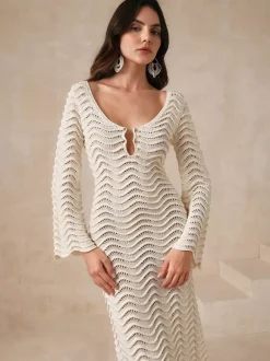 Vacation Dresses Shaping Cut Out Long Sleeves Scoop Neck Flared Sleeves Sexy Apricot Dress