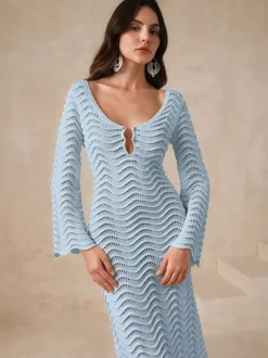 Vacation Dresses Shaping Cut Out Long Sleeves Scoop Neck Flared Sleeves Sexy Apricot Dress