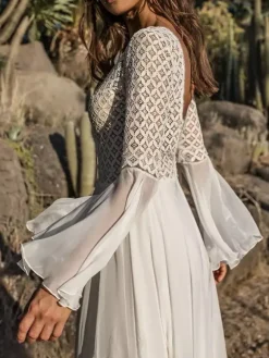 Vacation Dresses Shaping Ruffled Lace Cut Out Long Sleeves Flared Sleeves Athletic White Dress