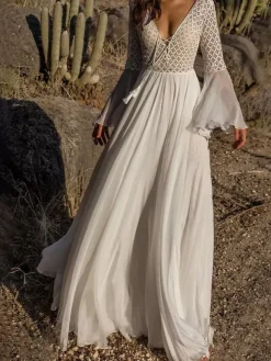 Vacation Dresses Shaping Ruffled Lace Cut Out Long Sleeves Flared Sleeves Athletic White Dress