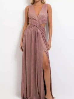Vacation Dresses Sleeveless Deep V Cross Waist Cutout High Slit Shiny Pleated Maxi Gown