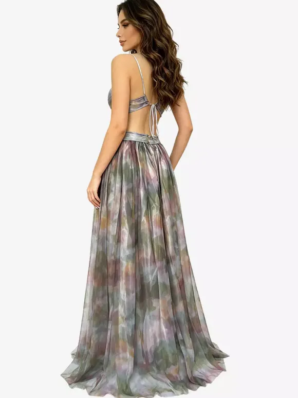 Vacation Dresses Spaghetti Strap Neck Elegant Orange Flowy Chiffon Maxi Party Dress