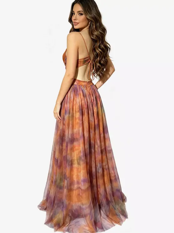 Vacation Dresses Spaghetti Strap Neck Elegant Orange Flowy Chiffon Maxi Party Dress