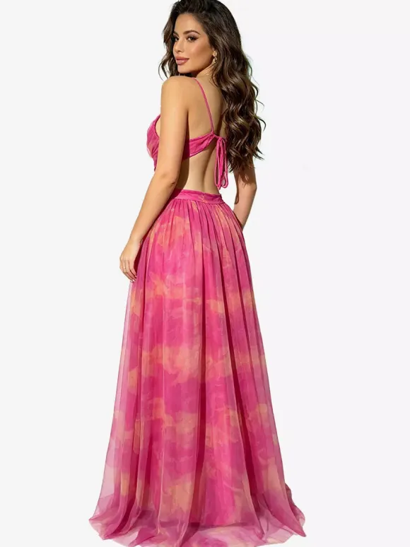 Vacation Dresses Spaghetti Strap Neck Elegant Orange Flowy Chiffon Maxi Party Dress