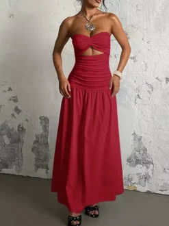 Vacation Dresses Strapless Cutout Waist Maxi Dress Sweetheart Bustier Flowy Mermaid Gown