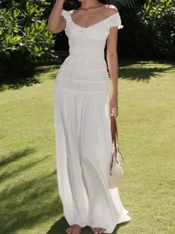 Vacation Dress Flowy Tiered Smocked Maxi Off Shoulder Ruffle Sleeve Summer Resort Vacation Sundress
