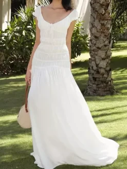 Vacation Dress Flowy Tiered Smocked Maxi Off Shoulder Ruffle Sleeve Summer Resort Vacation Sundress
