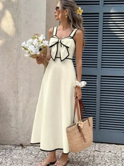 Vacation Dress Ivory Contrast Black Trim Cami Midi Straps Summer Dress