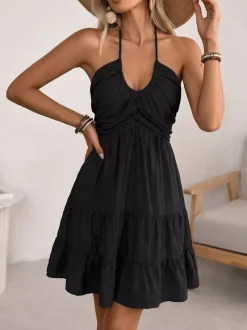 Vacation Dress Midi Lace Up Backless Halter Neck Tiered Ruffle Summer Beach Sundress