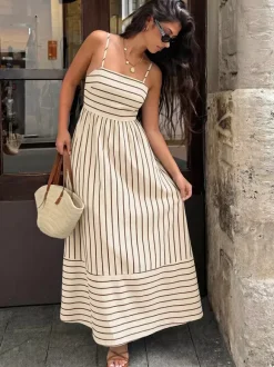 Vacation Long Dress Striped Cami Maxi Square Neck Elastic Cut Out Back Loose Flowy Summer Sundress