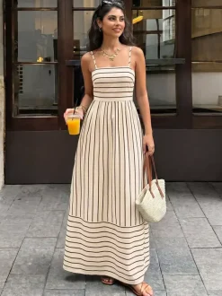 Vacation Long Dress Striped Cami Maxi Square Neck Elastic Cut Out Back Loose Flowy Summer Sundress