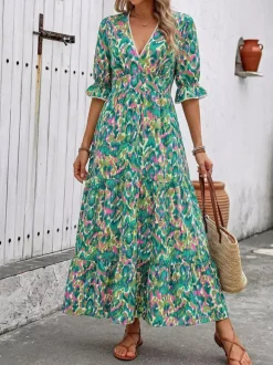 Vacation Maxi Dress Boho Green Abstract Print V Neck Frill Short Sleeve Elastic Waist Tiered Hem Flowy Dress