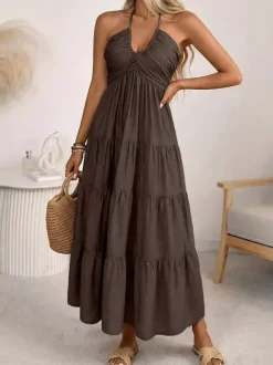 Vacation Maxi Dresses Lace Up Sleeveless Backless V-Neck Sweet Green Summer Dress