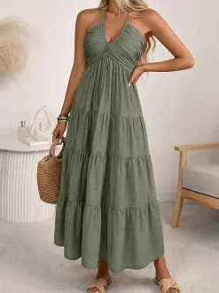 Vacation Maxi Dresses Lace Up Sleeveless Backless V-Neck Sweet Green Summer Dress