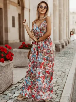 Vacation Maxi Dresses V-Neck Sleeveless Printed Floor Length Bohemian Dress
