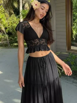 Vacation Skirt Suits Maxi Lace Short Sleeves V-Neck Chic Avocado Green Skirt Suits