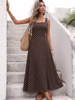 Vacation Sundress Brown Polka Dot Spaghetti Strap Maxi Women Flowy Swing Summer Dress