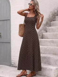 Vacation Sundress Brown Polka Dot Spaghetti Strap Maxi Women Flowy Swing Summer Dress