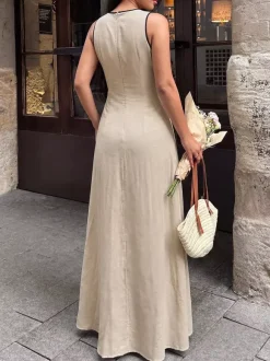 Vacation Sundress Maxi Flowy V-Neck Sleeveless Chic Two-Tone Lace Up Long Dress