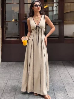 Vacation Sundress Maxi Flowy V-Neck Sleeveless Chic Two-Tone Lace Up Long Dress