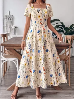 Vacation Sundress Maxi Square Neck Short Sleeves Floral Print Flowy Dress
